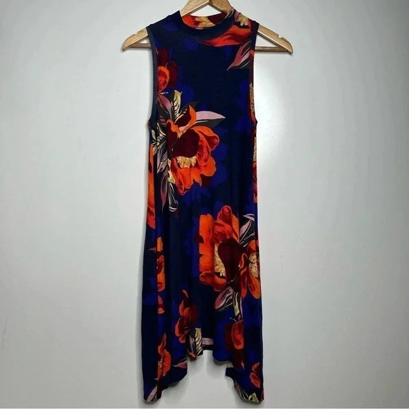 Maeve Anthropologie Navy Floral Sleeveless Mock Neck Swing Dress Size Small - Picture 2 of 9
